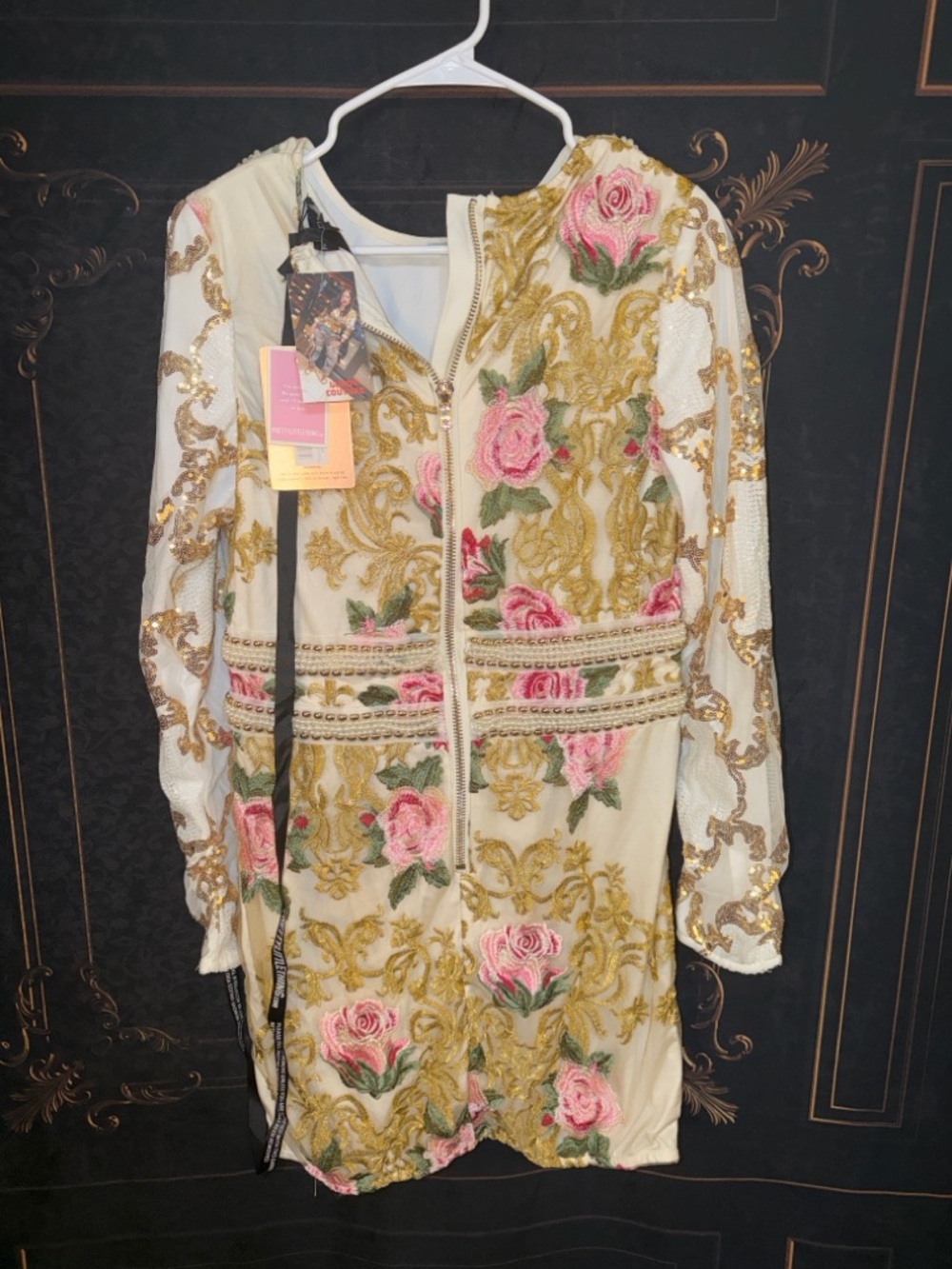 PrettyLittleThing Floral Sequin Mini Dress with Gold & Pink Embroidery - NWT 12 - Picture 2 of 6